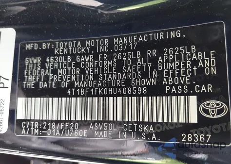 2017 Toyota Camry Le/Xle/Se/Xse from USA, damaged, VIN 4T1BF1FK0HU408598
